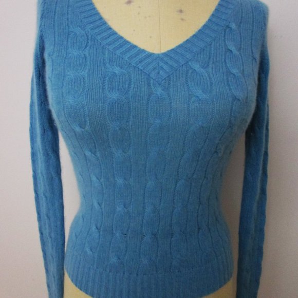 CASHMERE Cable Pullover Skinny Knit Sweater Blue V Neck Cuddly Fuzzy - Picture 10 of 10
